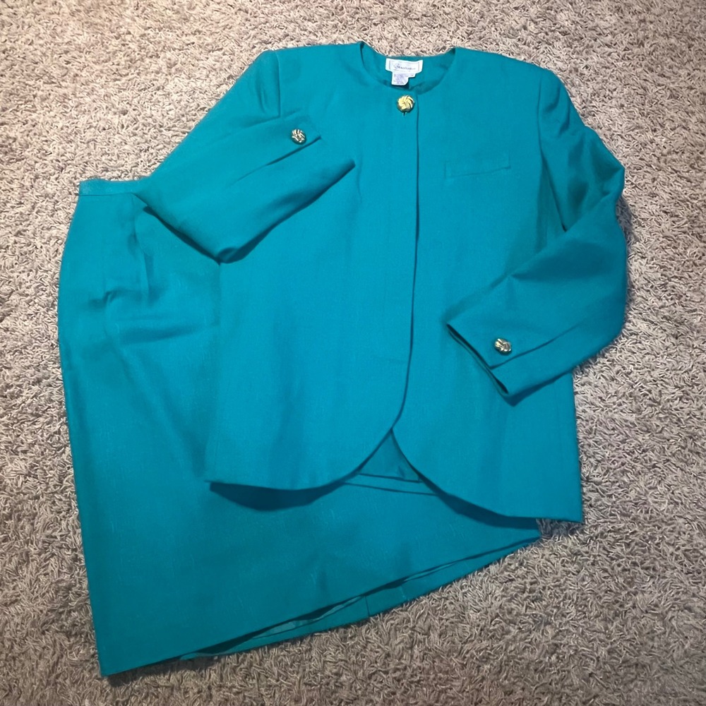 Vintage Evan-Picone Teal Blue Skirt Suit Textured Blazer Midi Skirt Set 10